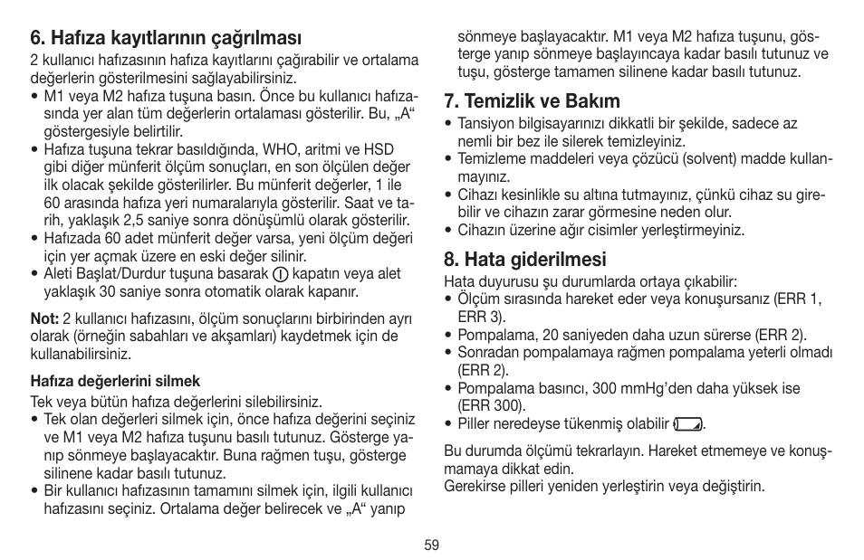 Hafıza kayıtlarının çağrılması, Temizlik ve bakım, Hata giderilmesi | Beurer BC 60 User Manual | Page 59 / 84