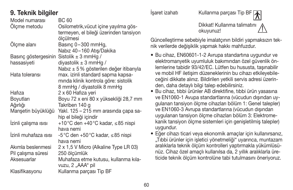 Teknik bilgiler | Beurer BC 60 User Manual | Page 60 / 84