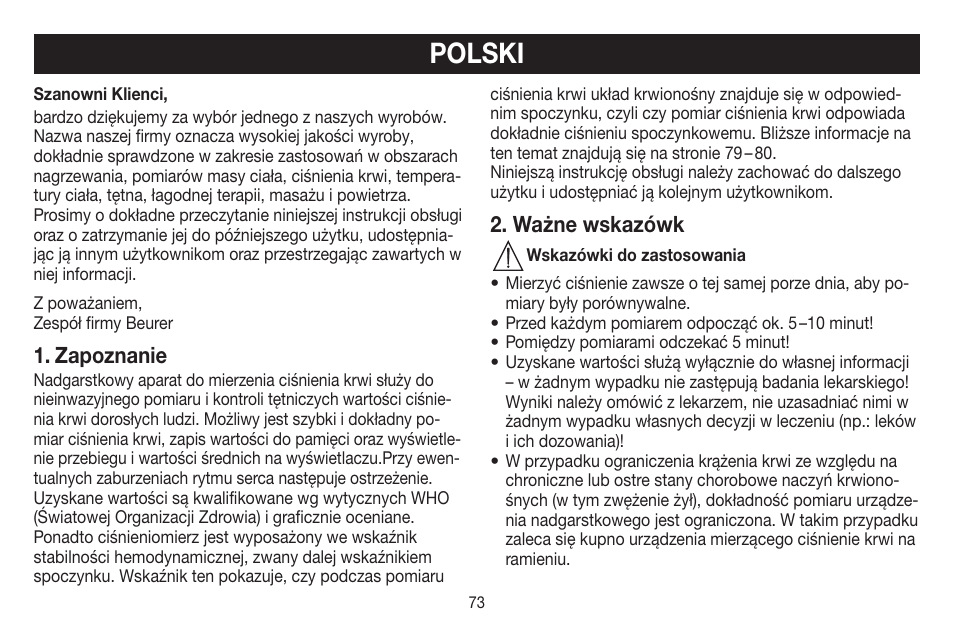Polski, Zapoznanie, Ważne wskazówk | Beurer BC 60 User Manual | Page 73 / 84