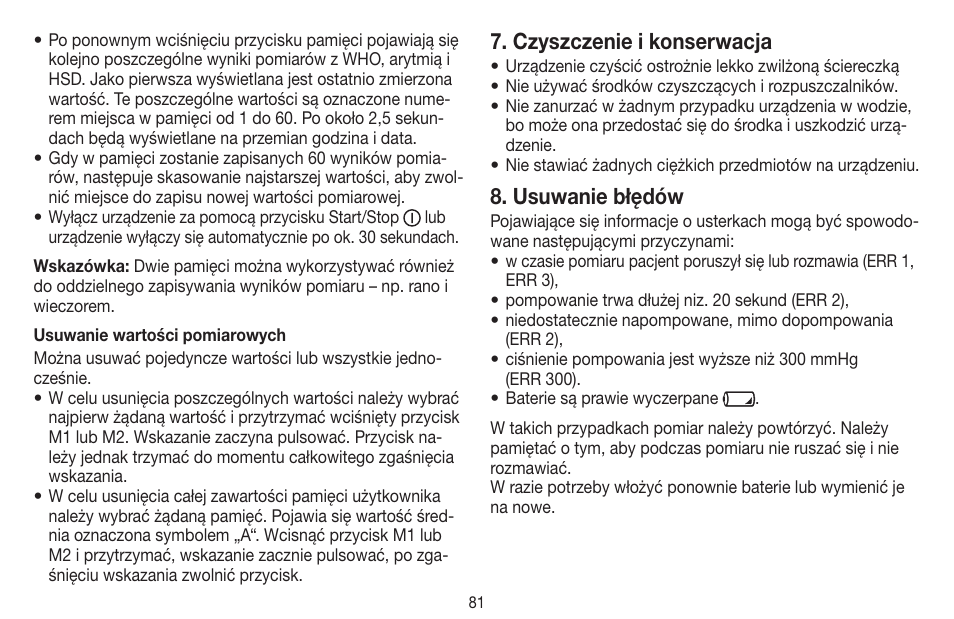 Czyszczenie i konserwacja, Usuwanie błędów | Beurer BC 60 User Manual | Page 81 / 84