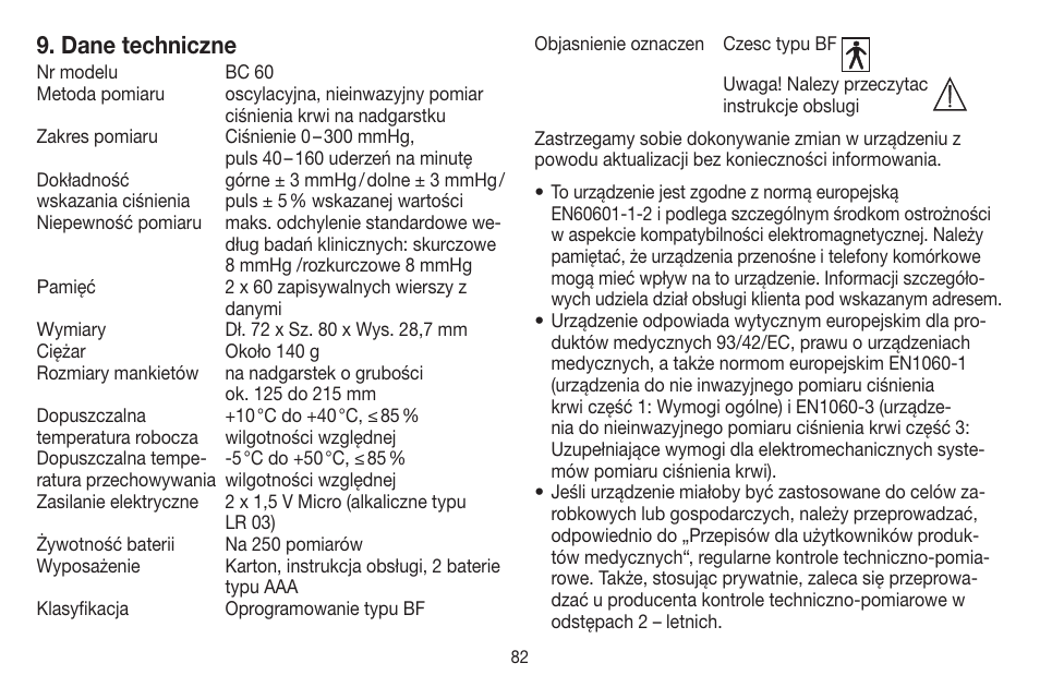 Dane techniczne | Beurer BC 60 User Manual | Page 82 / 84