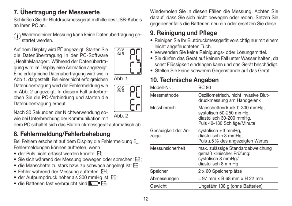 Übertragung der messwerte, Fehlermeldung/fehlerbehebung, Reinigung und pflege | Technische angaben | Beurer BC 80 User Manual | Page 12 / 100