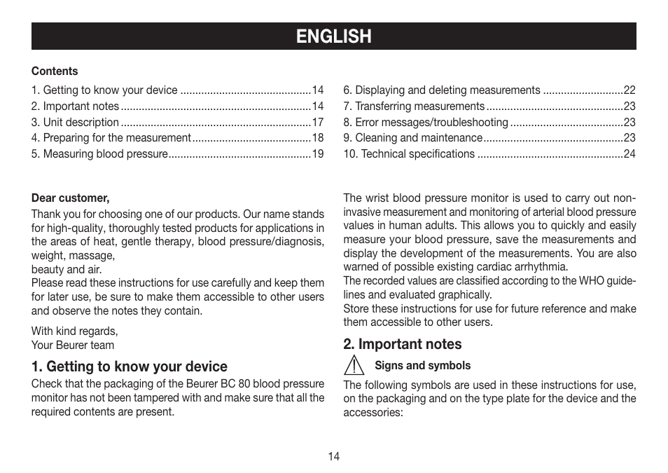 English, Getting to know your device | Beurer BC 80 User Manual | Page 14 / 100