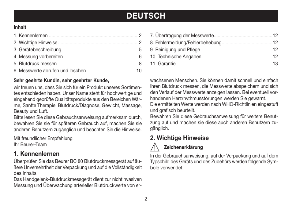 Deutsch, Kennenlernen, Wichtige hinweise | Beurer BC 80 User Manual | Page 2 / 100