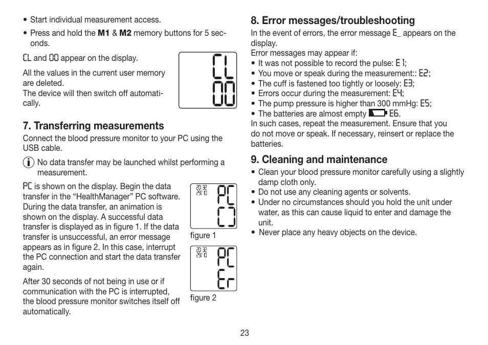 Transferring measurements, Error messages/troubleshooting, Cleaning and maintenance | Beurer BC 80 User Manual | Page 23 / 100