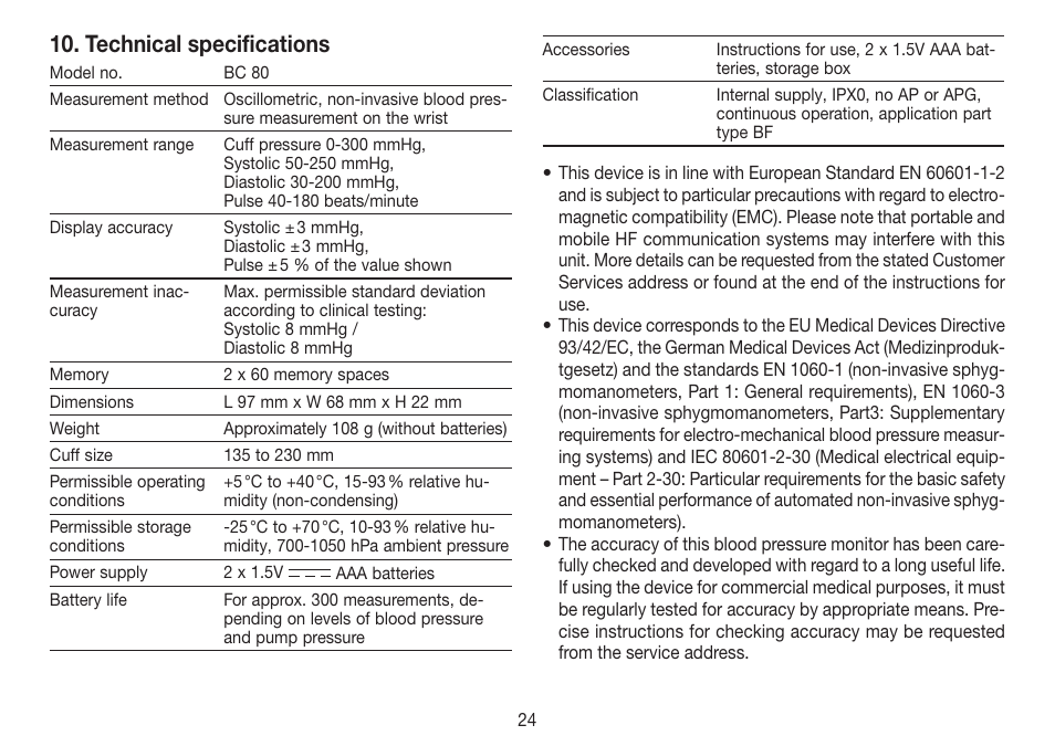 Technical specifications | Beurer BC 80 User Manual | Page 24 / 100