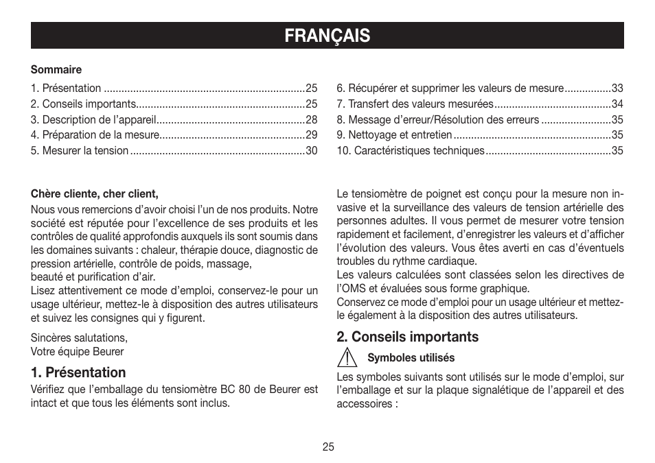 Français, Présentation, Conseils importants | Beurer BC 80 User Manual | Page 25 / 100