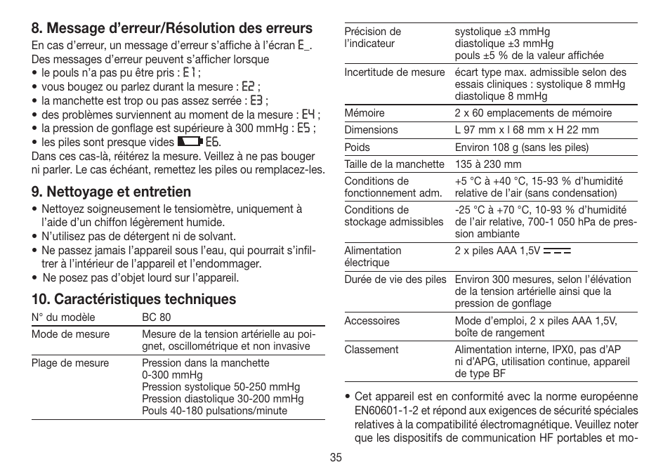 Message d’erreur/résolution des erreurs, Nettoyage et entretien, Caractéristiques techniques | Beurer BC 80 User Manual | Page 35 / 100