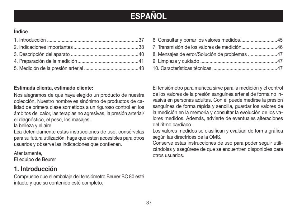 Español, Introducción | Beurer BC 80 User Manual | Page 37 / 100