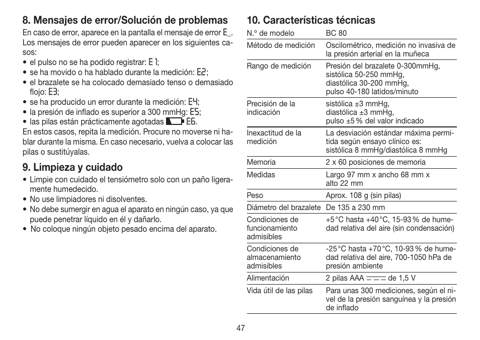 Mensajes de error/solución de problemas, Limpieza y cuidado, Características técnicas | Beurer BC 80 User Manual | Page 47 / 100