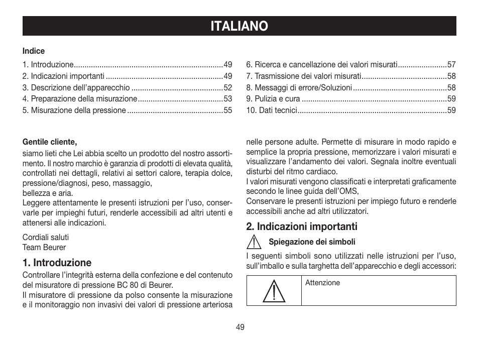 Italiano, Introduzione, Indicazioni importanti | Beurer BC 80 User Manual | Page 49 / 100