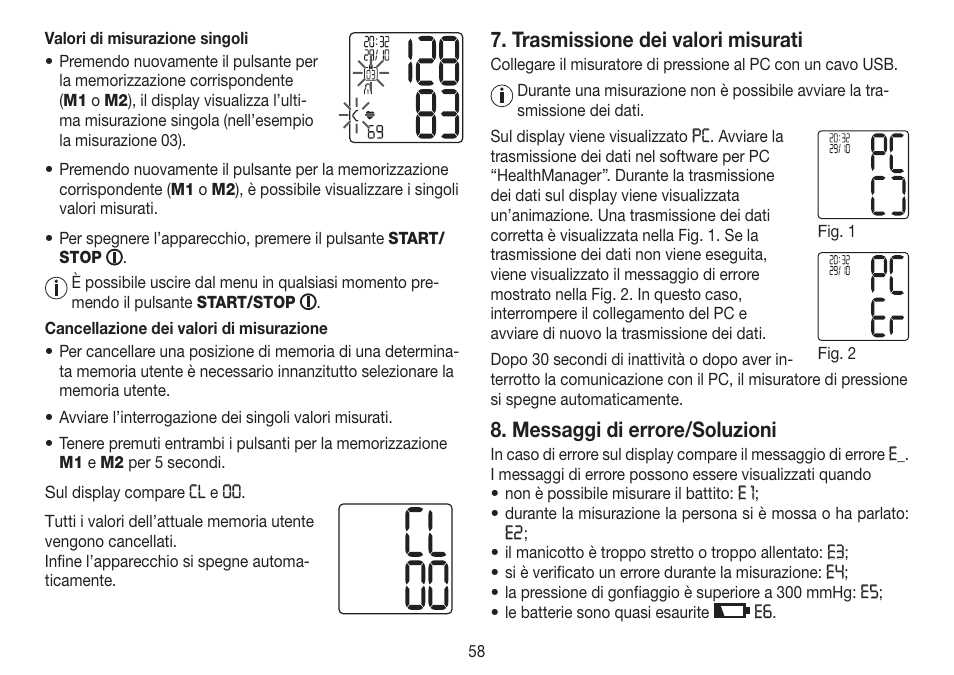 Trasmissione dei valori misurati, Messaggi di errore/soluzioni | Beurer BC 80 User Manual | Page 58 / 100