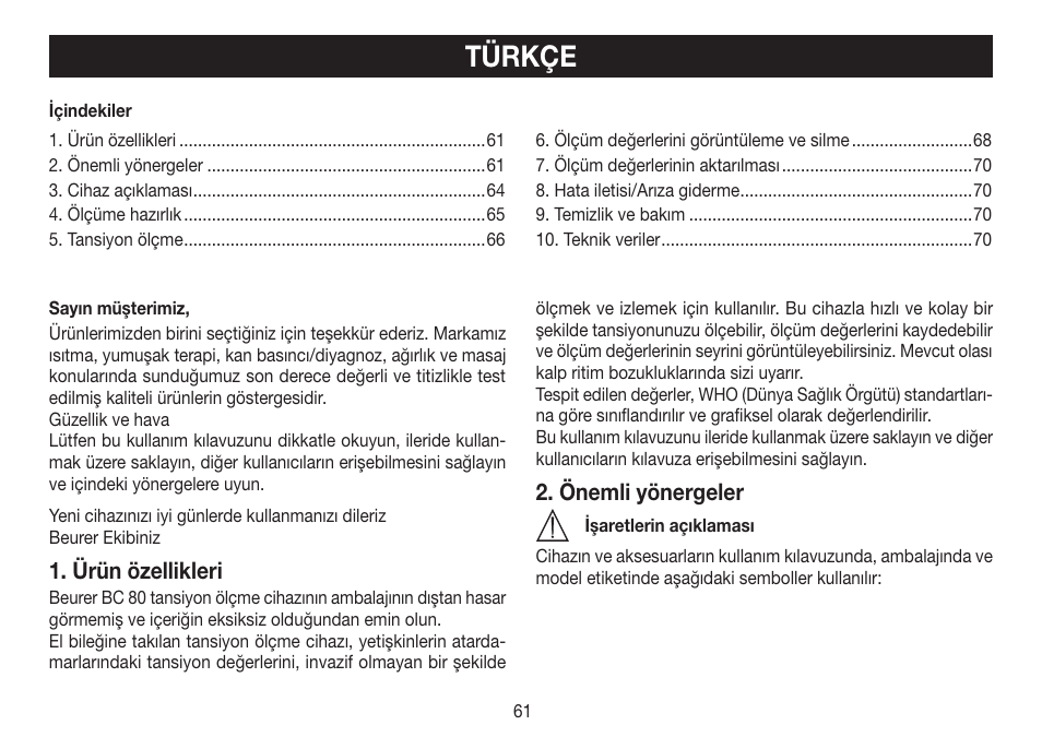 Türkçe, Ürün özellikleri, Önemli yönergeler | Beurer BC 80 User Manual | Page 61 / 100