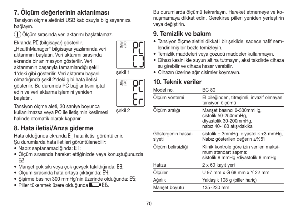 Ölçüm değerlerinin aktarılması, Hata iletisi/arıza giderme, Temizlik ve bakım | Teknik veriler | Beurer BC 80 User Manual | Page 70 / 100