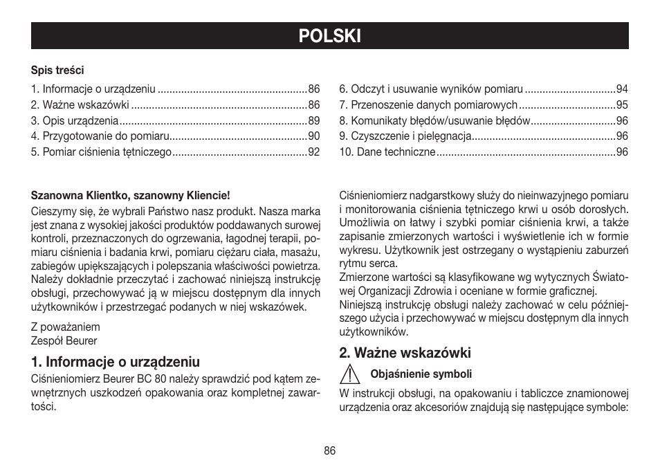 Polski, Informacje o urządzeniu, Ważne wskazówki | Beurer BC 80 User Manual | Page 86 / 100