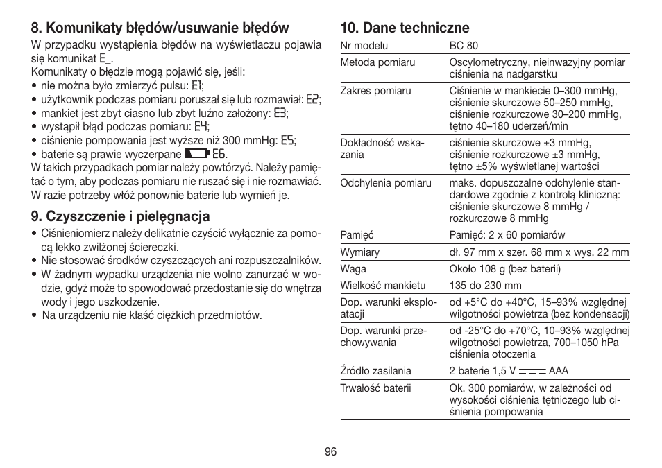 Komunikaty błędów/usuwanie błędów, Czyszczenie i pielęgnacja, Dane techniczne | Beurer BC 80 User Manual | Page 96 / 100