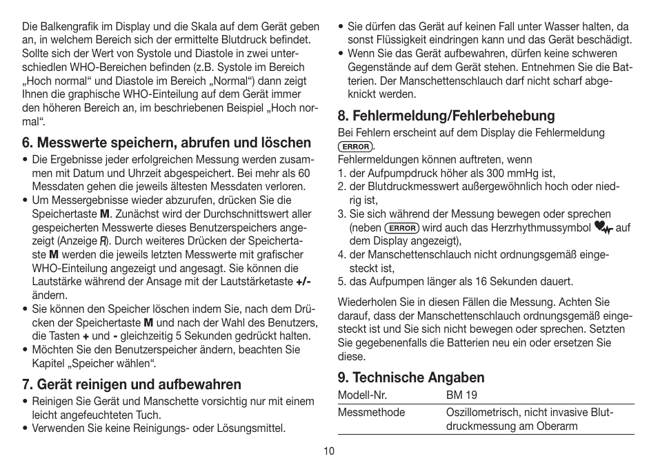 Messwerte speichern, abrufen und löschen, Gerät reinigen und aufbewahren, Fehlermeldung/fehlerbehebung | Technische angaben | Beurer BM 19 User Manual | Page 10 / 92