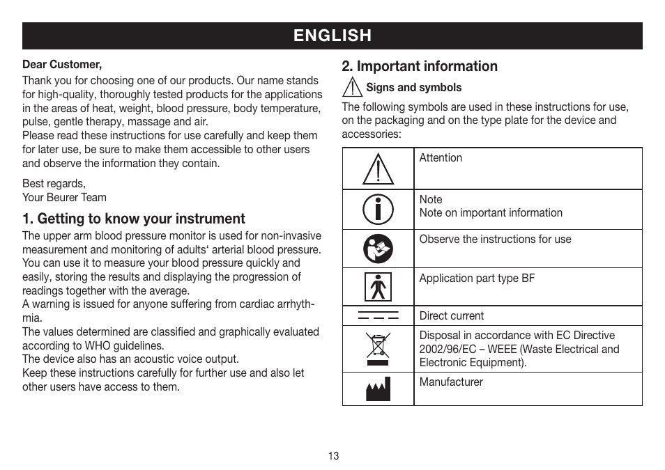 English, Getting to know your instrument, Important information | Beurer BM 19 User Manual | Page 13 / 92