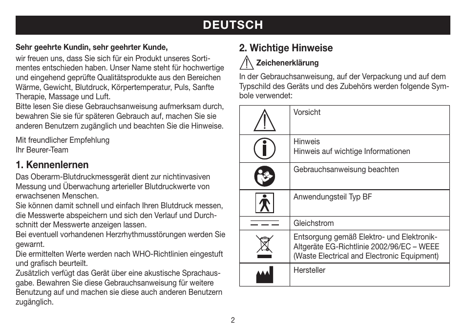 Deutsch, Kennenlernen, Wichtige hinweise | Beurer BM 19 User Manual | Page 2 / 92