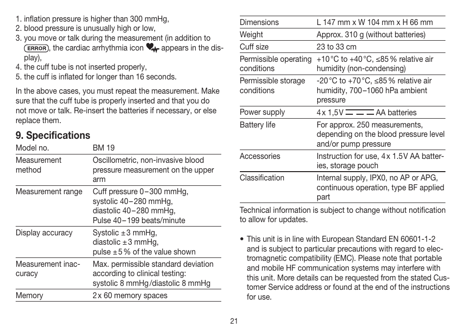 Specifications | Beurer BM 19 User Manual | Page 21 / 92