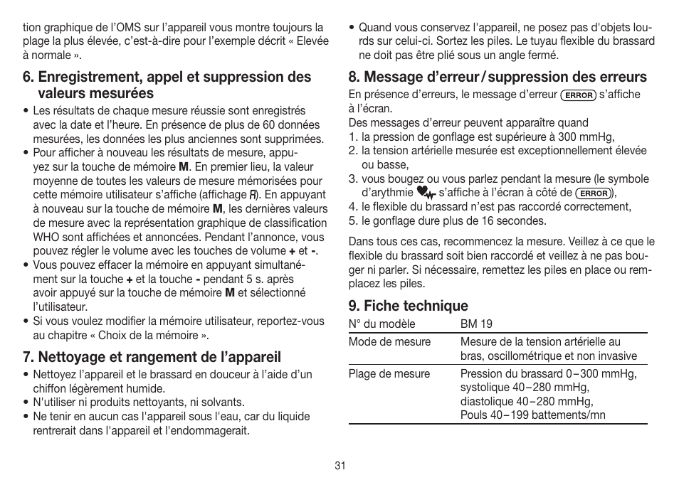Nettoyage et rangement de l’appareil, Message d’erreur / suppression des erreurs, Fiche technique | Beurer BM 19 User Manual | Page 31 / 92
