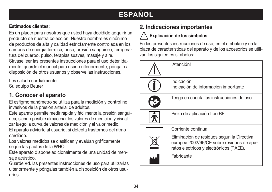 Español, Conocer el aparato, Indicaciones importantes | Beurer BM 19 User Manual | Page 34 / 92