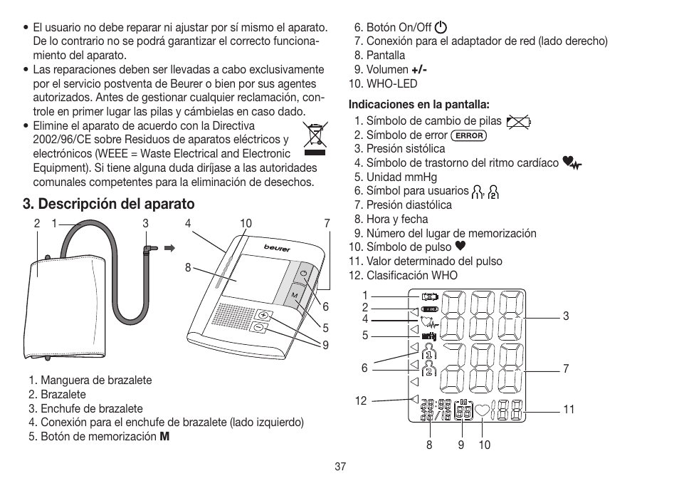 Descripción del aparato | Beurer BM 19 User Manual | Page 37 / 92