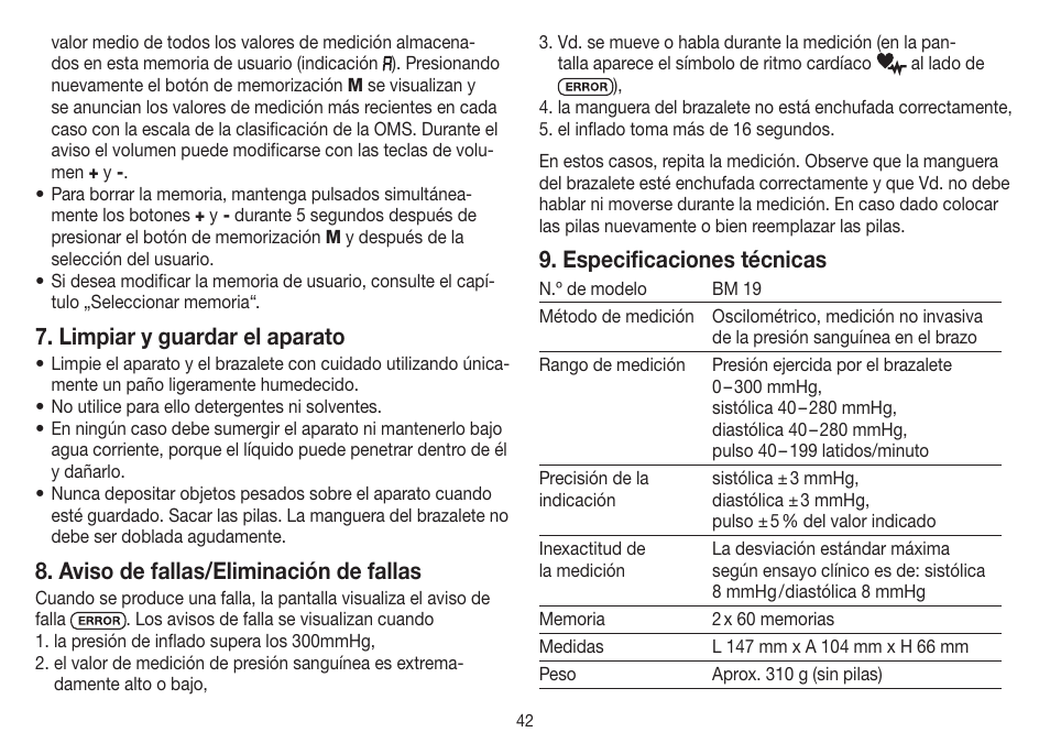 Limpiar y guardar el aparato, Aviso de fallas/eliminación de fallas, Especificaciones técnicas | Beurer BM 19 User Manual | Page 42 / 92