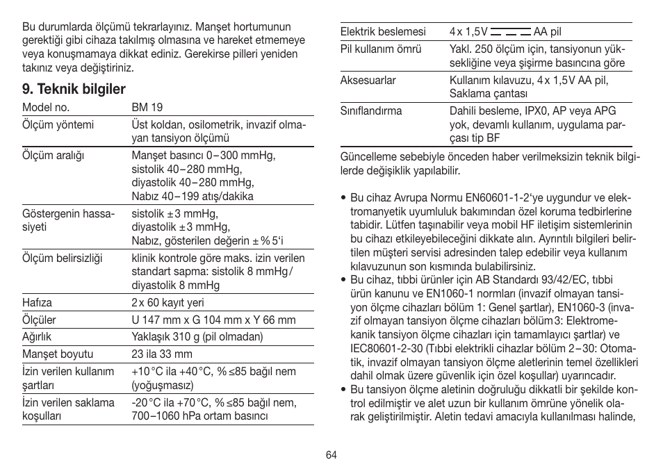Teknik bilgiler | Beurer BM 19 User Manual | Page 64 / 92