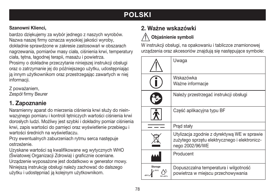 Polski, Zapoznanie, Ważne wskazówki | Beurer BM 19 User Manual | Page 78 / 92
