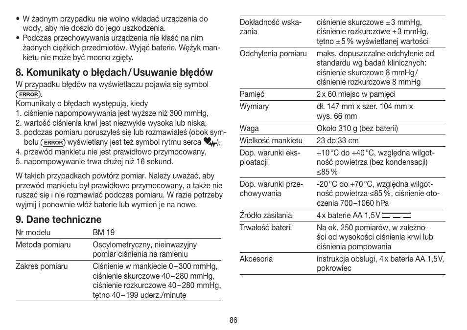 Komunikaty o błędach / usuwanie błędów, Dane techniczne | Beurer BM 19 User Manual | Page 86 / 92