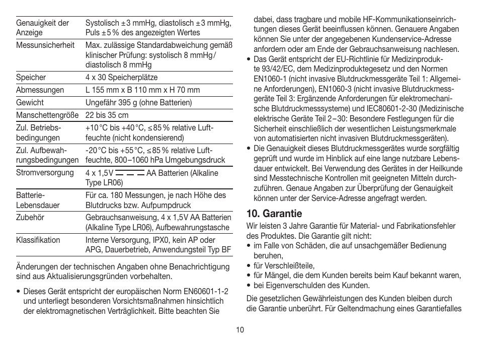 Garantie | Beurer BM 26 User Manual | Page 10 / 80