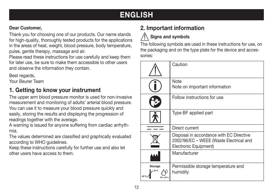 English, Getting to know your instrument, Important information | Beurer BM 26 User Manual | Page 12 / 80