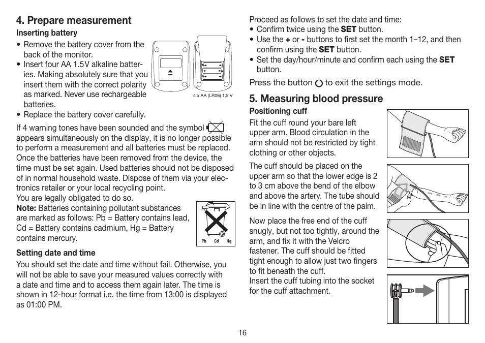 Prepare measurement, Measuring blood pressure | Beurer BM 26 User Manual | Page 16 / 80