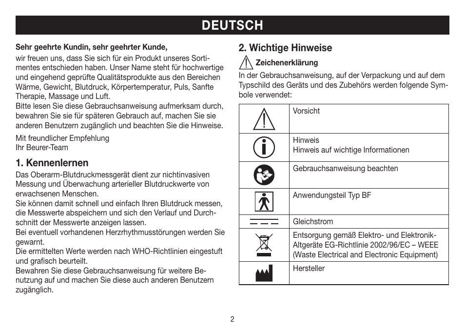 Deutsch, Kennenlernen, Wichtige hinweise | Beurer BM 26 User Manual | Page 2 / 80