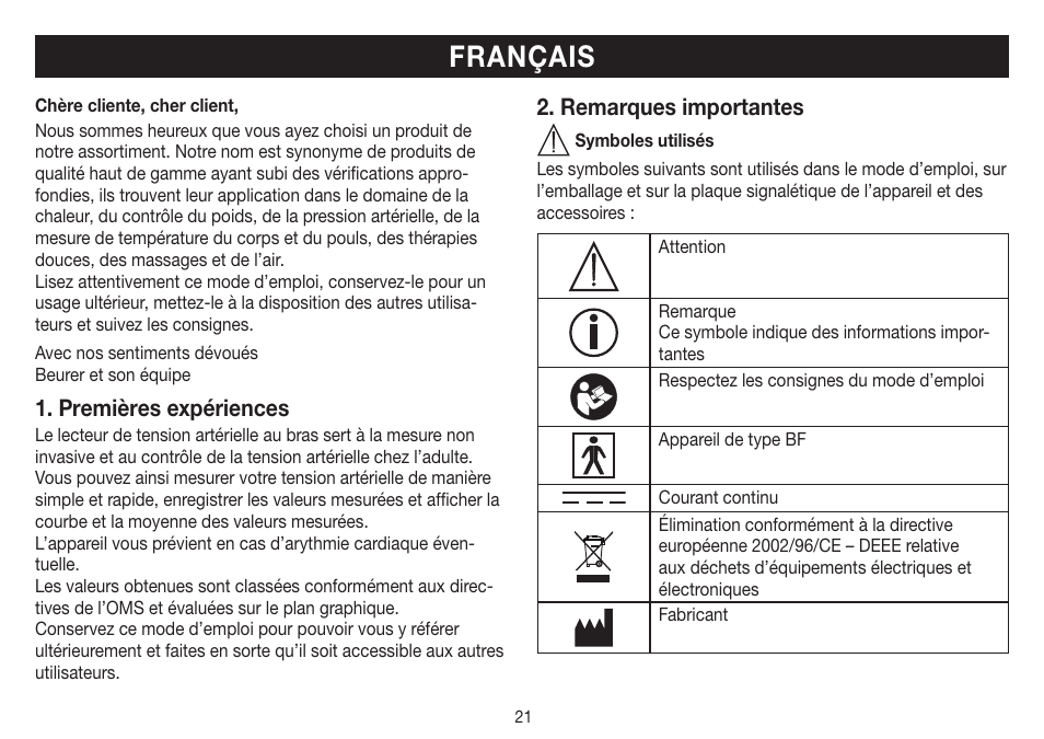 Français, Premières expériences, Remarques importantes | Beurer BM 26 User Manual | Page 21 / 80