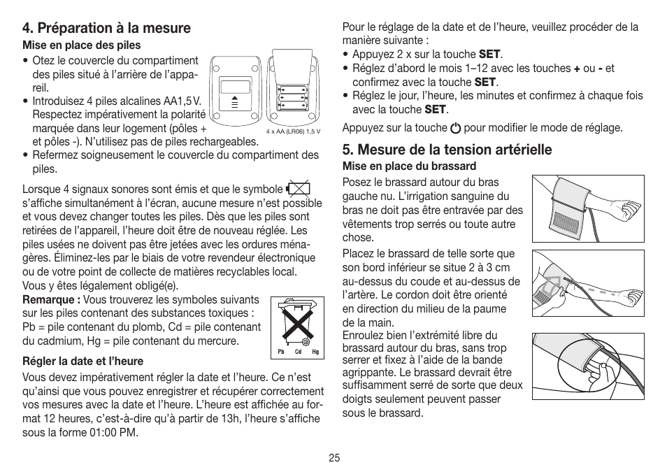 Préparation à la mesure, Mesure de la tension artérielle | Beurer BM 26 User Manual | Page 25 / 80