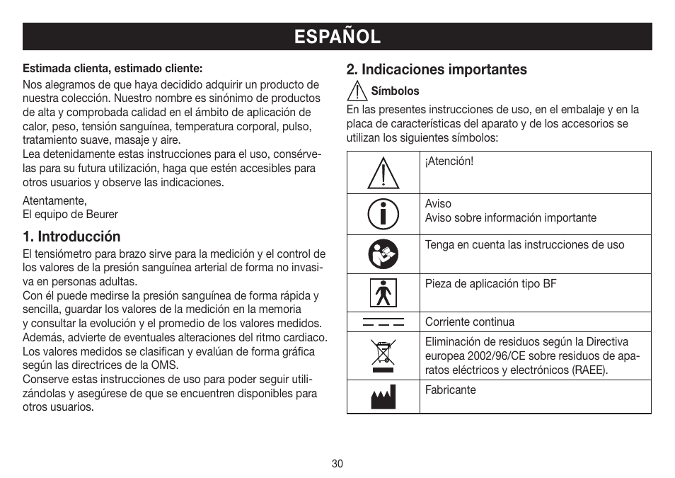 Español, Introducción, Indicaciones importantes | Beurer BM 26 User Manual | Page 30 / 80