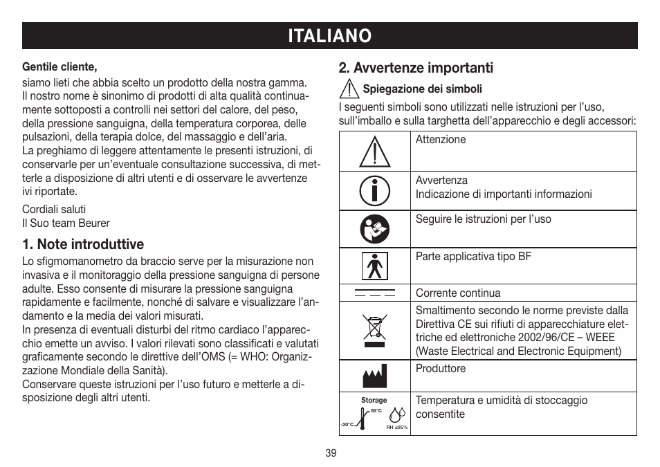 Italiano, Avvertenze importanti | Beurer BM 26 User Manual | Page 39 / 80