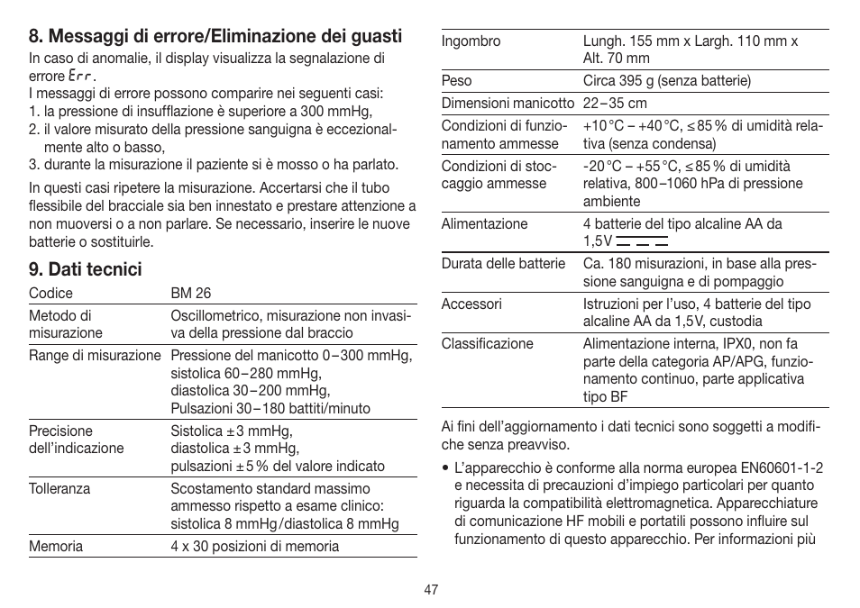 Messaggi di errore/eliminazione dei guasti, Dati tecnici | Beurer BM 26 User Manual | Page 47 / 80