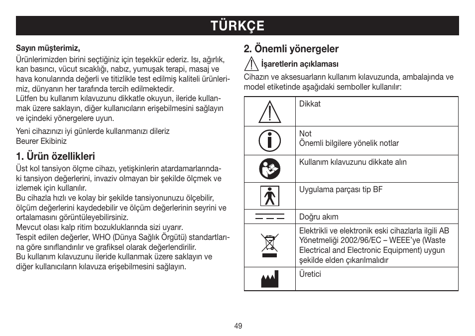 Türkçe, Ürün özellikleri, Önemli yönergeler | Beurer BM 26 User Manual | Page 49 / 80