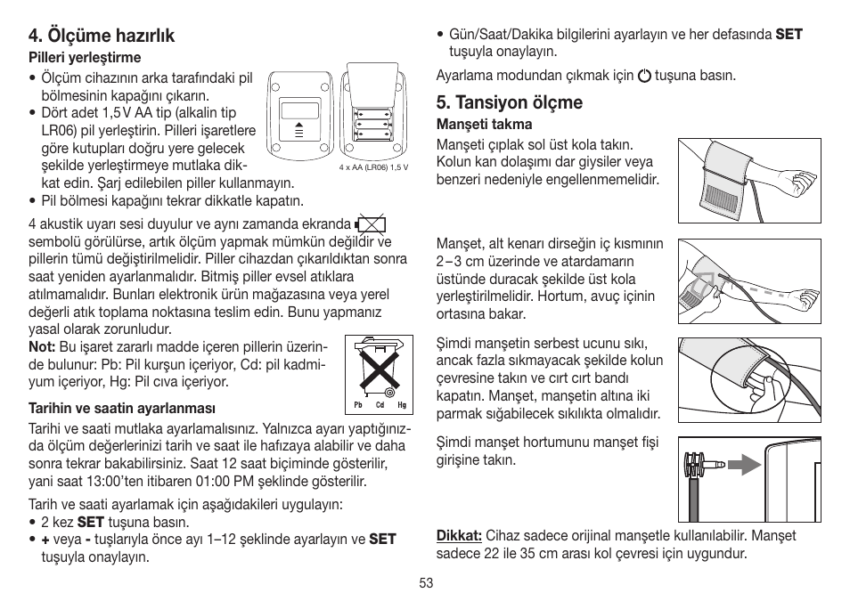 Ölçüme hazırlık, Tansiyon ölçme | Beurer BM 26 User Manual | Page 53 / 80