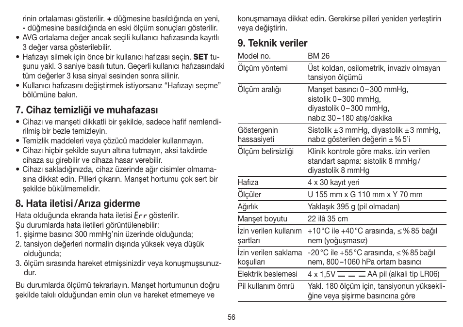 Cihaz temizliği ve muhafazası, Hata iletisi / arıza giderme, Teknik veriler | Beurer BM 26 User Manual | Page 56 / 80