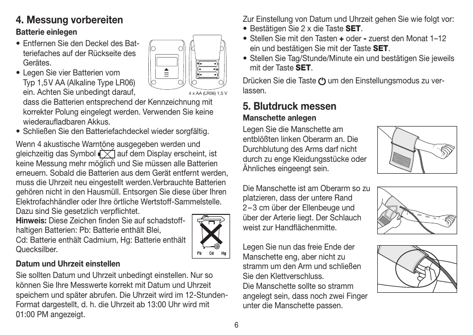 Messung vorbereiten, Blutdruck messen | Beurer BM 26 User Manual | Page 6 / 80