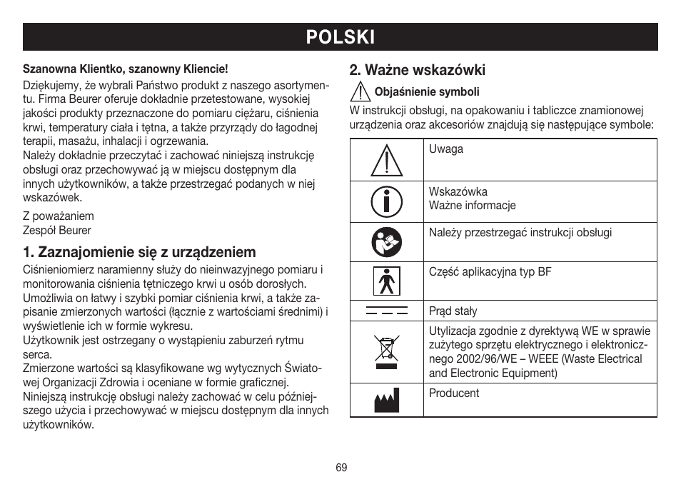 Polski, Zaznajomienie się z urządzeniem, Ważne wskazówki | Beurer BM 26 User Manual | Page 69 / 80