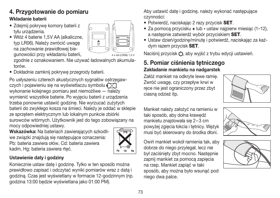 Przygotowanie do pomiaru, Pomiar ciśnienia tętniczego | Beurer BM 26 User Manual | Page 73 / 80