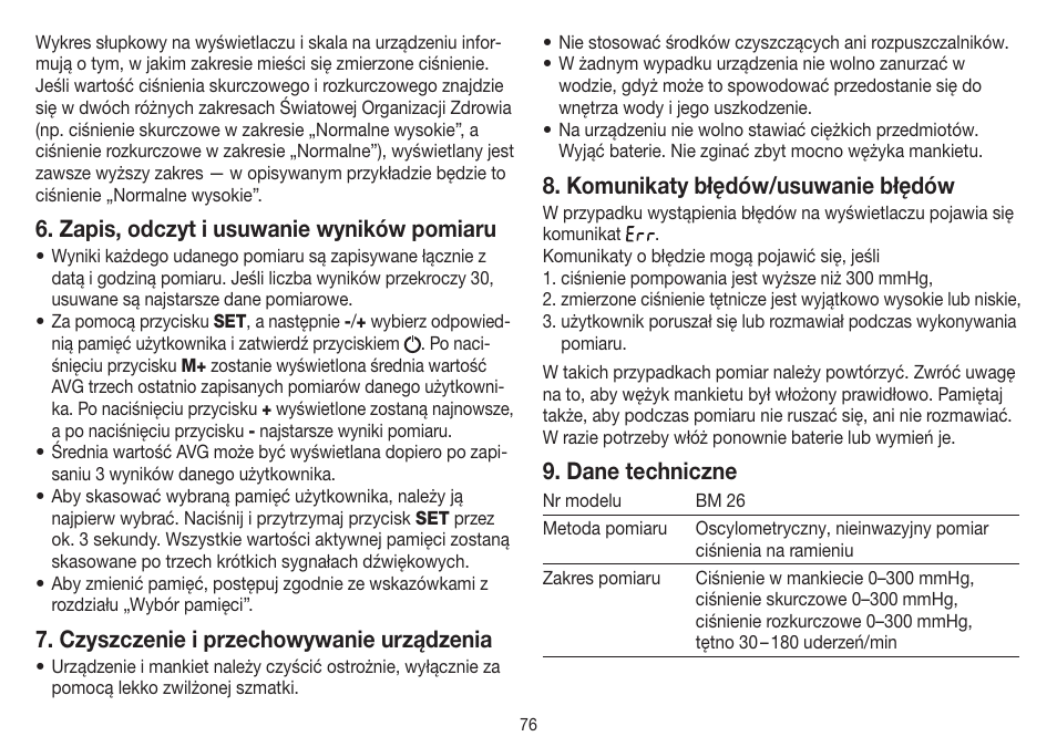 Zapis, odczyt i usuwanie wyników pomiaru, Czyszczenie i przechowywanie urządzenia, Komunikaty błędów/usuwanie błędów | Dane techniczne | Beurer BM 26 User Manual | Page 76 / 80