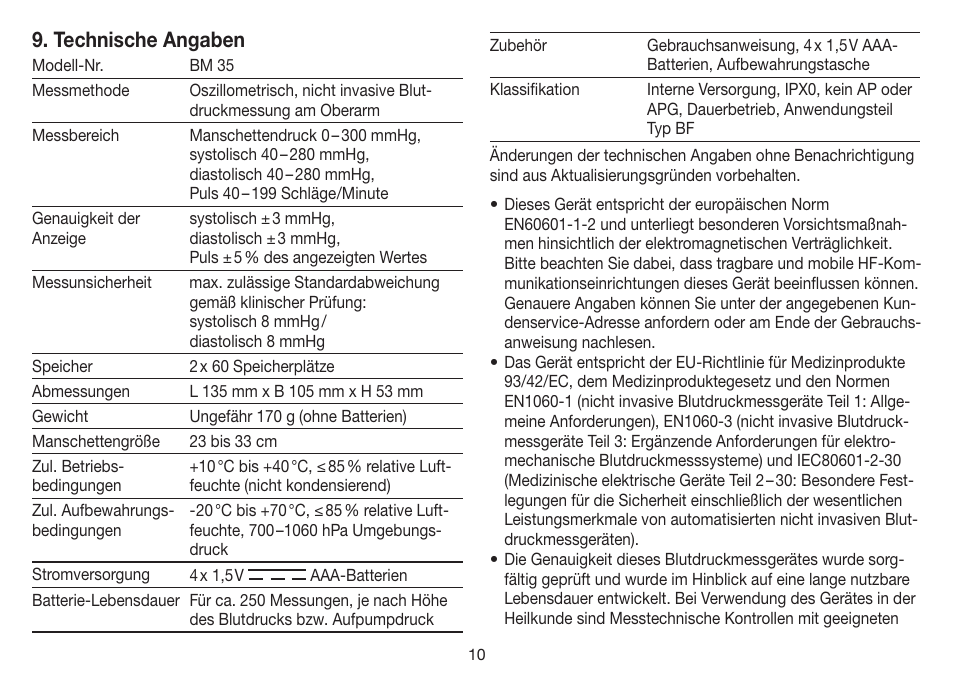 Technische angaben | Beurer BM 35 User Manual | Page 10 / 80