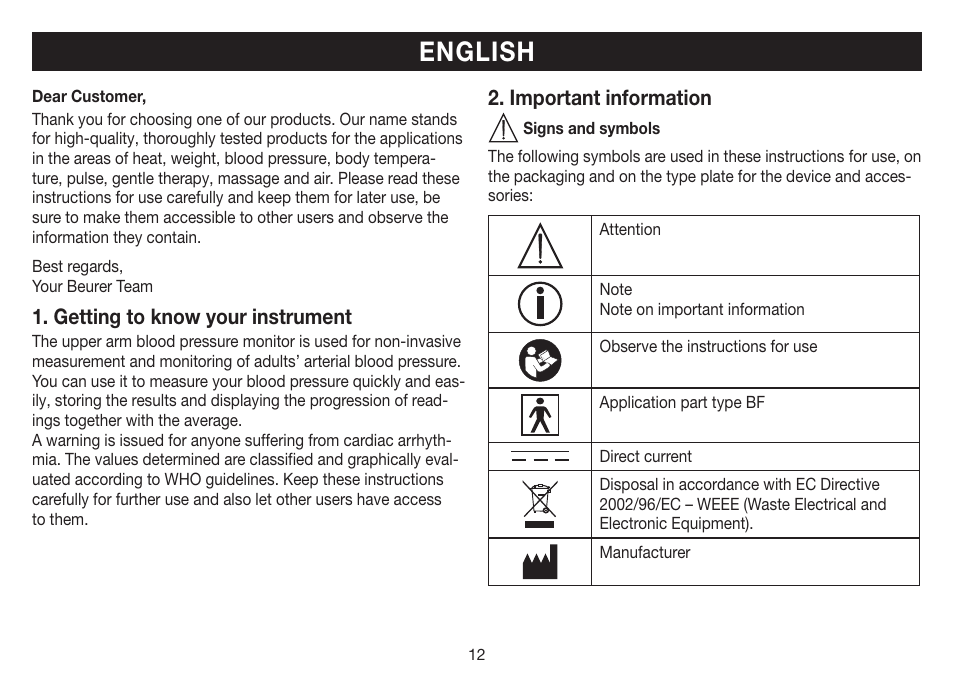 English, Getting to know your instrument, Important information | Beurer BM 35 User Manual | Page 12 / 80