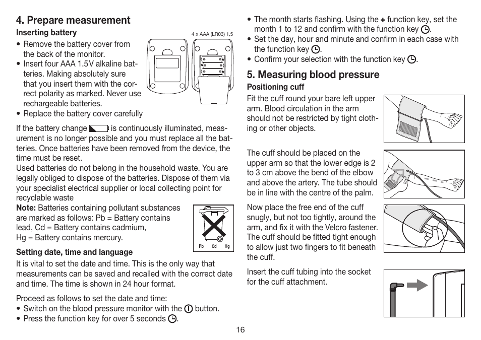 Prepare measurement, Measuring blood pressure | Beurer BM 35 User Manual | Page 16 / 80
